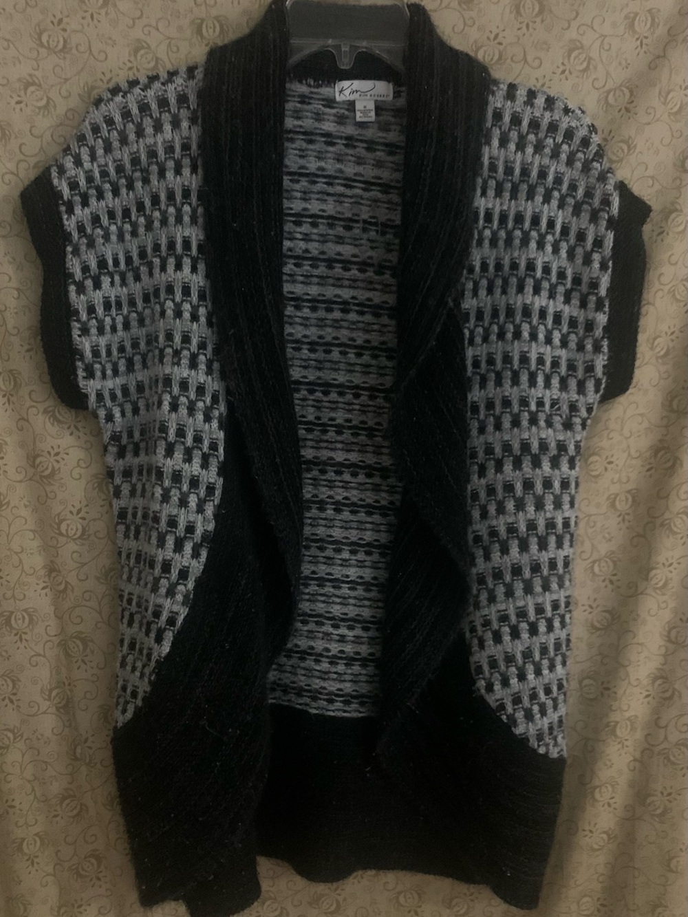 Kim Rogers Black and Gray Short-Sleeve Open-Front Cardigan